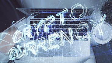 Blockchain theme hologram drawings over computer on the desktop background Top view Double exposure