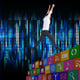 Cheering businessman in front of a digitally generated cool pixel background