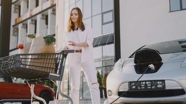 Woman with a shopping cart by her car