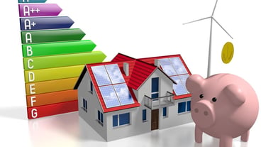 Family house with solar panels power consumption chart wind turbine and piggy bank savings concept