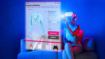 Elegant female in metaverse enjoy shop product from online store hallucination