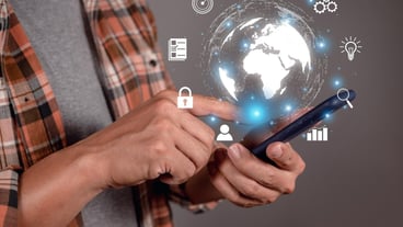 Man using smartphones with internet technology, global internet connection and digital marketing, searching for information on finance and banking, digital linking technology, big data