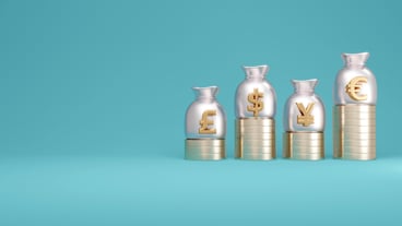 3D Rendering concept of fiat currency by money bag with currency symbol dollar pound euro yuan on