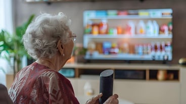 Elderly woman using VR technology while watching TV