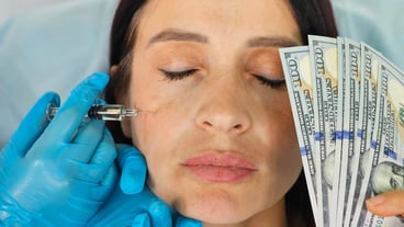 Woman receives antiaging injections in face holding US dollar bills