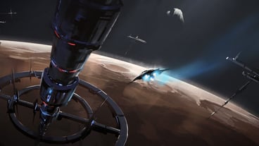 Space ladder over Mars, science fiction painting, 3d illustration.