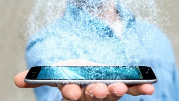 Businessman using 3D rendering data network sphere with his mobile phone