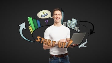 Man with laptop and startup sketch