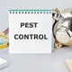 Pest control phrase written on a notebook on a gray background