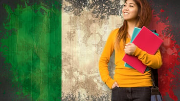 Composite image of female college student with books in park