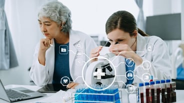 Scientist team meeting and writing analysis results in the laboratory study and analyze scientific sample with VR icon