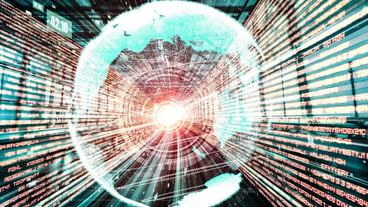 Futuristic global network and tacit digital data transmission 3D graphic concept of intelligent digital transformation and technological disruption, changing global trends in the new information age
