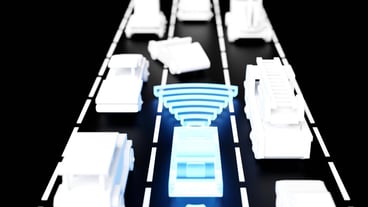 3d illustration car with safe distance with auto flow The concept of a hightech car with an unmanned vehicle Selfpropelled vehicle