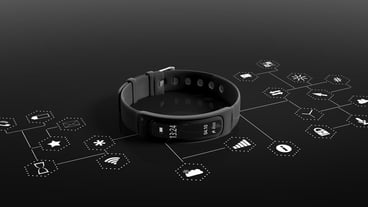 Fitness tracker smart watch on black background with apps symbols 3d illustration