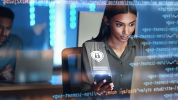 Laptop phone and hologram of woman for data protection safety software development or cybersecurity programming Night mobile research and programmer or person on computer lock and gdpr overlay