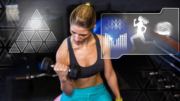 Athletic fit woman in gym with health interface