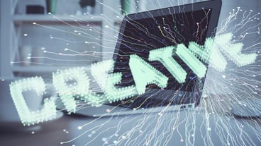 Desktop computer background in office and start up theme hologram drawing Double exposure Startup concept