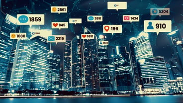 Social media icons fly over city downtown showing people engagement connection