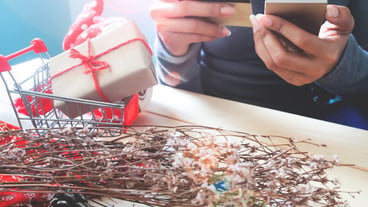 Holiday gift on shopping cart with woman using mobile phone and credit card
