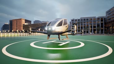 Autonomous driverless aerial vehicle fly across city 3d render