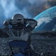 Serene moment as an astronaut reclines on a chair gazing at a distant earth from the rocky surface