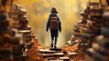A character carrying a schoolbag walks in a forest full of books reading education concept scene