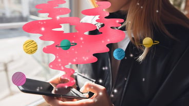 Colorful cartoon-style collage drawing with a portrait of a young Caucasian woman. Bright colors, modern design, contemporary artwork. The concept of information flow, social networks, communication.
