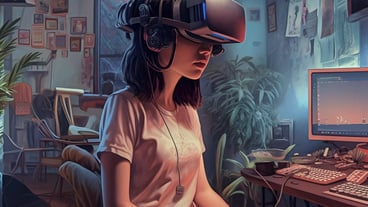 A woman sits in front of a computer with a virtual reality headset.