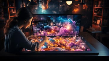 A woman looks at a computer screen with the words  the universe  on the screen