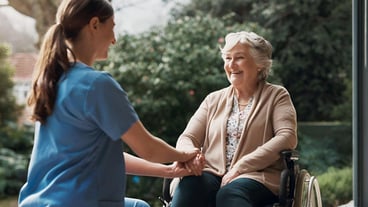 Holding hands nurse and senior woman in wheelchair with help or support for health or wellness