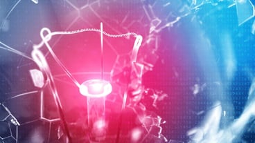 3D Illustration Exploding light bulb on a blue background, with concept creative thinking and innovative solutions. Red glow in the center concept virus. Binary code