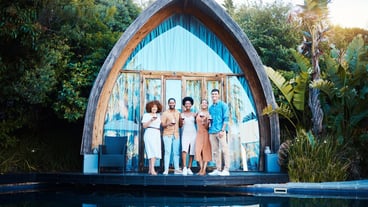 Garden lodge glamping and friends portrait at a cabin with luxury accommodation and modern architecture Travel holiday and people at destination in Bali for vacation and freedom at resort pool