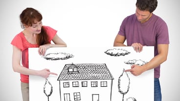 Couples looking at a sign against a white background with vignette
