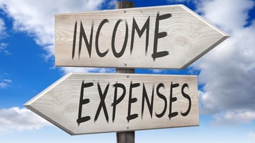 Income expenses wooden signpost with two arrows and cloudy sky in background