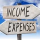 Income expenses wooden signpost with two arrows and cloudy sky in background