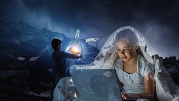 Girl in front of the computer. Mixed media