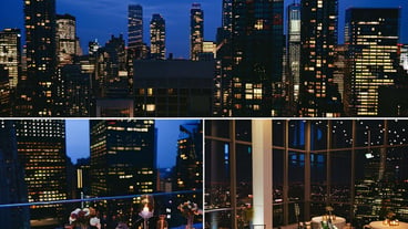 A glamorous rooftop party in a penthouse suite overlooking a city skyline with live music and gourme