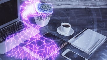 Double exposure of man wearing VR glasses drawing and mobile phone background Concept of AR reality