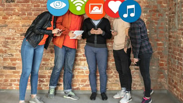 Creative millennials network and exchange ideas on social media. Modern user interface icons resemble heads.