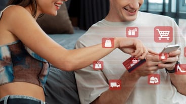 Elegant female and male customer use credit cards to shop at Cybercash