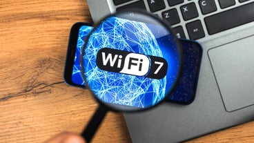 Wi-Fi 7 generation background, icon close-up. Smartphone supporting new Wi-Fi technology for communication, business photo