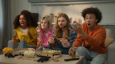 Multiracial friends multiethnic people happy excited scream shout yell rejoice celebrate at home