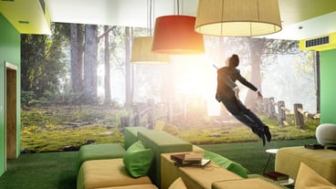 Businessman flying up. Mixed media