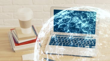 Computer on desktop with social network hologram Multi exposure Concept of international people connections