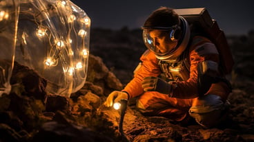 An astronaut tending to a biodome on Mars symbolizing humanity's potential to extend its harmonious