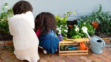 Back view of african american mother and daughter planting flowers