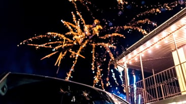 Fireworks illuminate the night sky during a festive celebration Colorful fireworks burst above a gathering illuminating the night sky