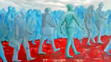 People in blue walk on a red road against a background of white clouds