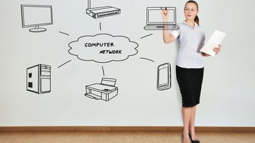 Woman draws computer network