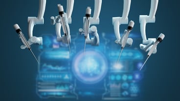 Robot surgeon, robotic equipment, manipulators. Minimally invasive surgical innovation with three-dimensional overview. Technology, the future of medicine, surgeon. 3D render, 3D illustration.